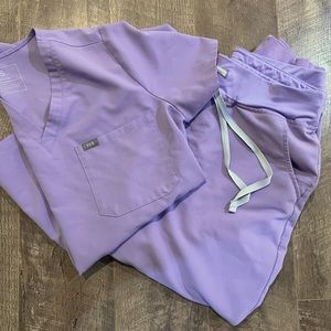 Figs scrubs-Lavender Dew-Large top, Large petite Zamora high waisted joggers.